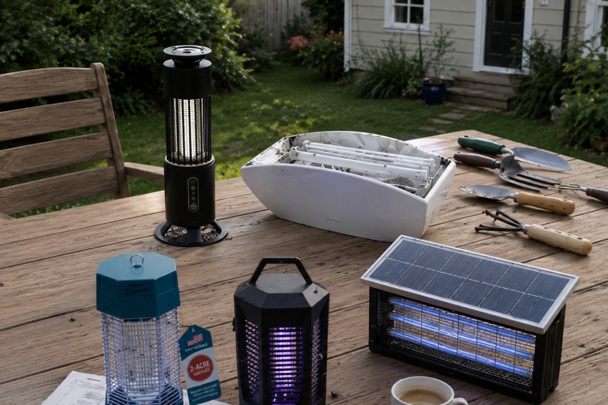 Mosquito repellent device on outdoor patio at dusk