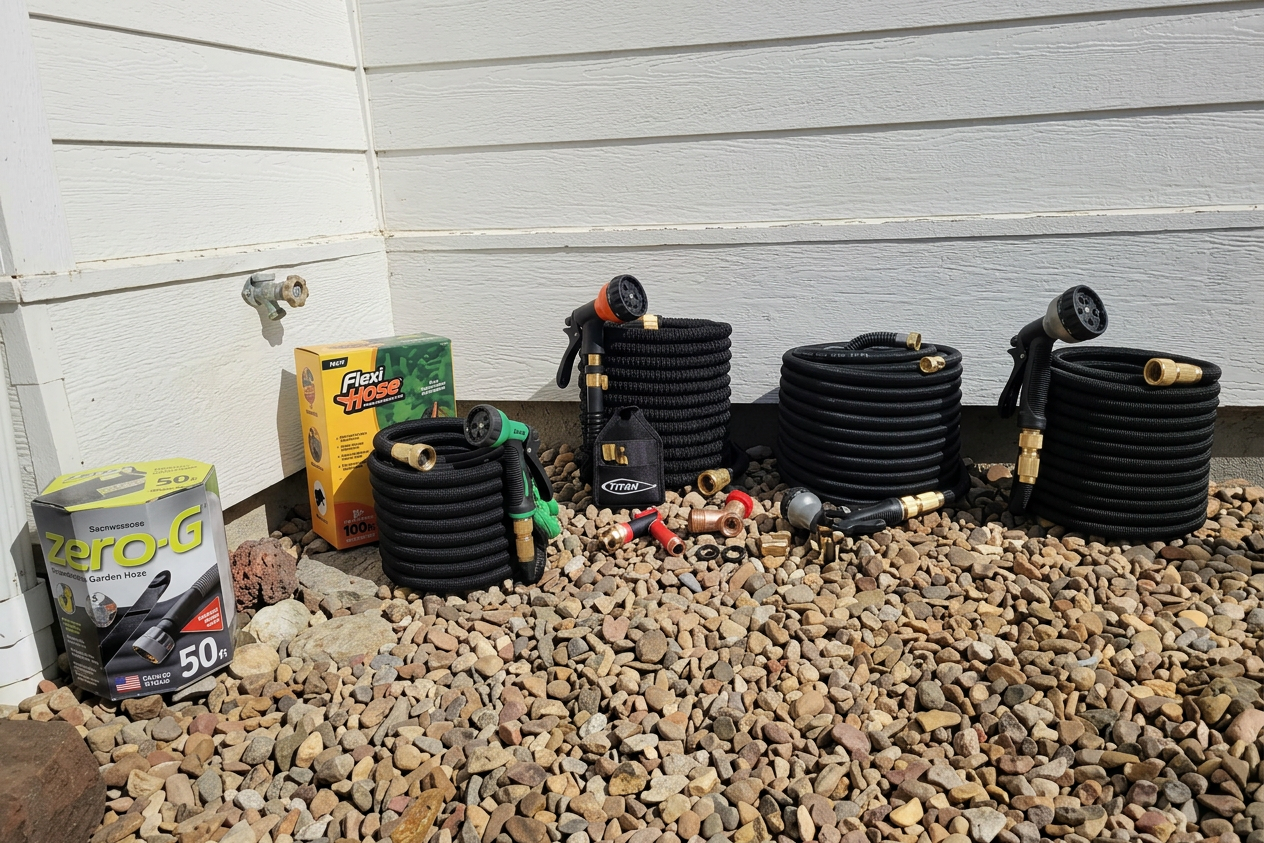 Coiled green garden hose beside flowers in a sunny garden